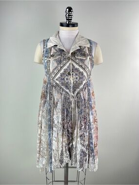 💚 3547. Sleeveless Boho Print Lace Overlay Vest in Cream and Blue